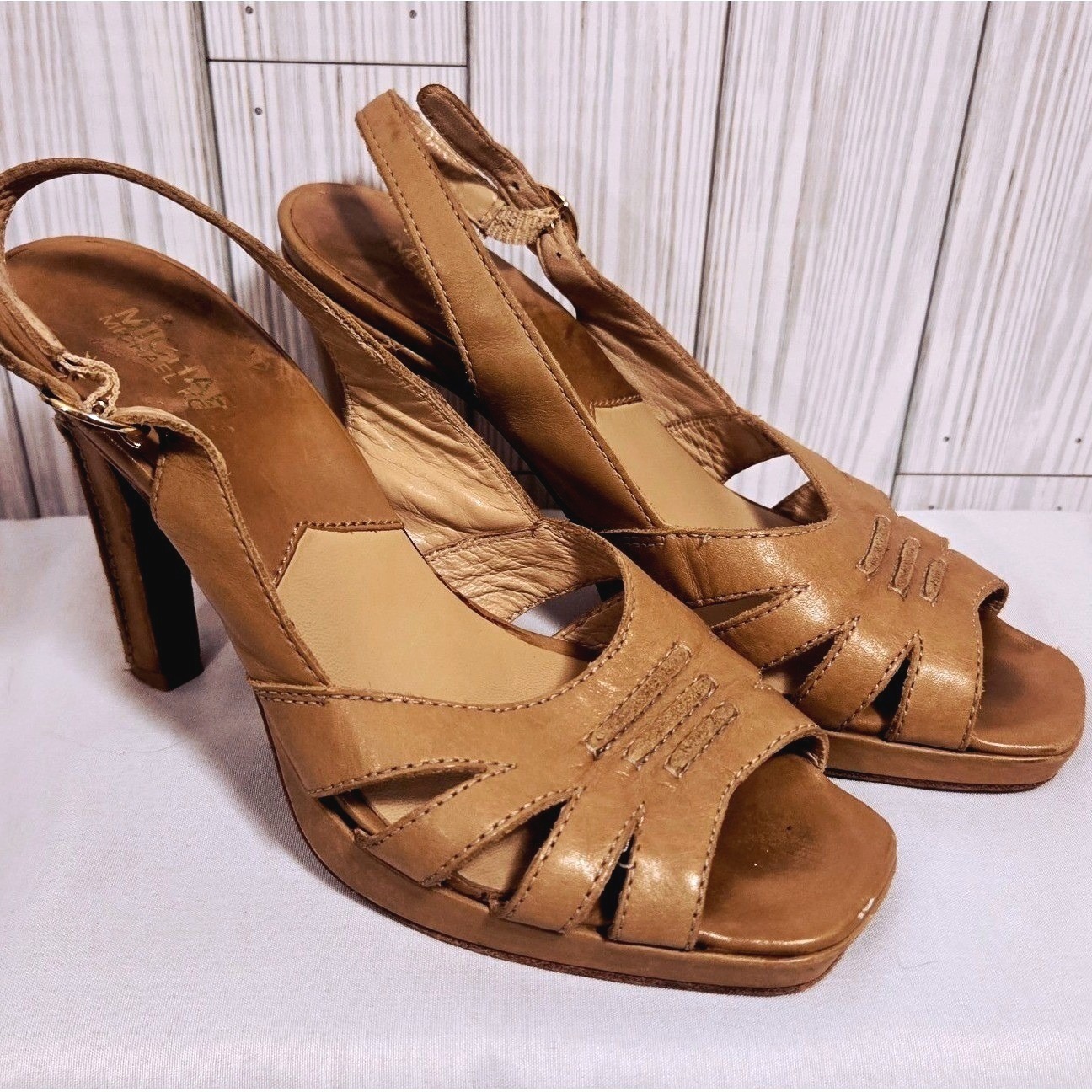Michael Michael Kors Tan Leather Slingback Platform Heels Square Toe Womens 7m
